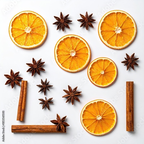 Dried orange slices, star anise, and cinnamon sticks arranged on a white background