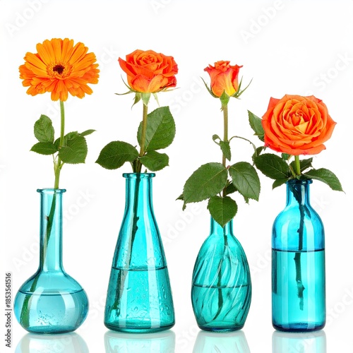 Four vibrant flowers in turquoise vases