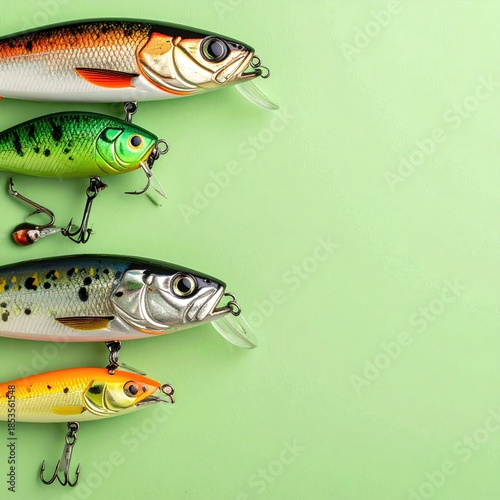 Fishing lures, various colors and sizes,  on mint green background