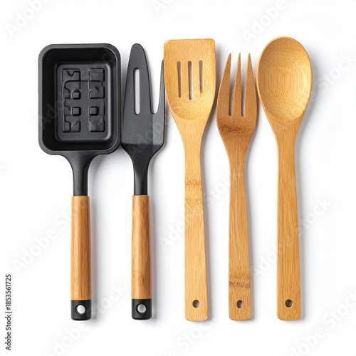 Kitchen utensils, black and bamboo