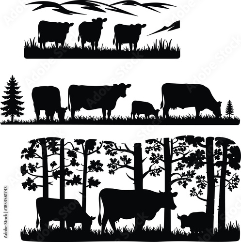 Cattle Grazing Silhouettes with Rural Farm Landscape, Trees, and Grass, Black Vector Illustration Set for Dairy, Ranch, Agriculture, and Nature Design
