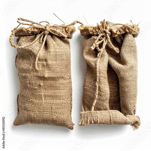 Two burlap sacks, tied,  open on a white background