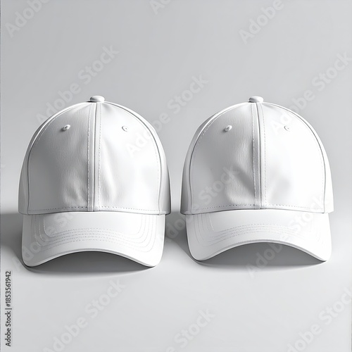 Two identical white baseball caps.  Flat, studio shot,  against a plain light gray background.  Caps are slightly angled,  showing clean, smooth fabric