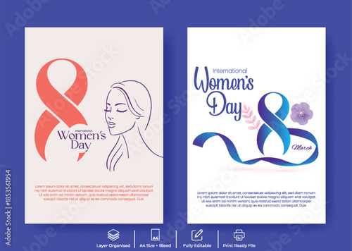 Women’s Day A4 Print Flyer Poster Template Design with 8 March Leaflet Brochure Cover, Floral Vector Illustration Background, Female Face Silhouette, Modern Marketing Promo Layout