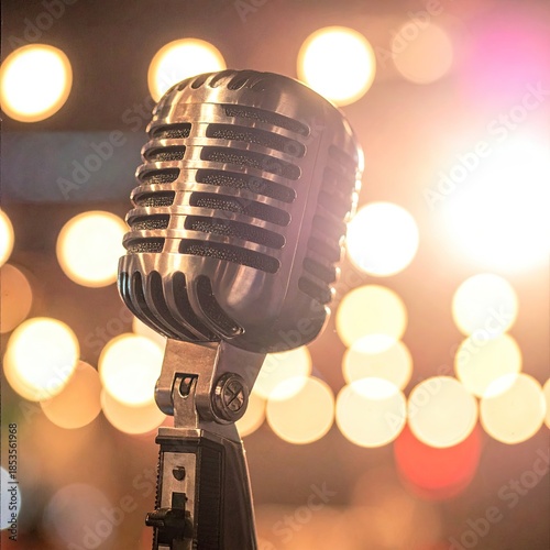 Vintage microphone, focused close-up, against a warm bokeh background of lights