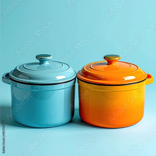 Two colorful cast iron Dutch ovens, light teal and vibrant orange, sit side-by-side against a light aqua backdrop.  The lids and handles are also in color-matched hues