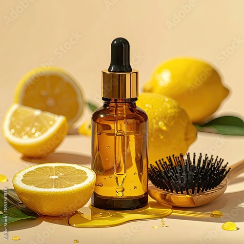Amber glass dropper bottle of hair serum surrounded by fresh lemon slices and a hairbrush,  set against a beige background.  A soft, natural light highlights the product and fruit