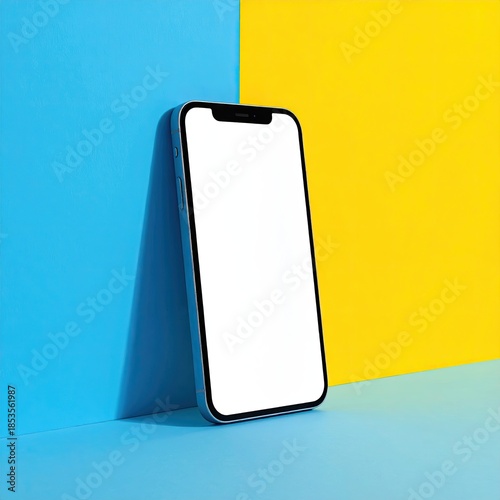 A light-blue smartphone with a blank screen, positioned diagonally on a bright yellow and blue background