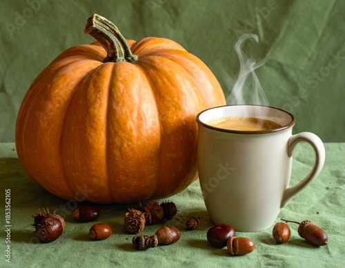 A pumpkin next to a steaming mug of liquid, acorns & nuts scattered on green fabric