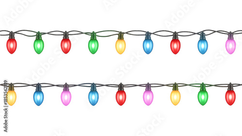 Colorful string of vibrant holiday christmas lights glowing on black background