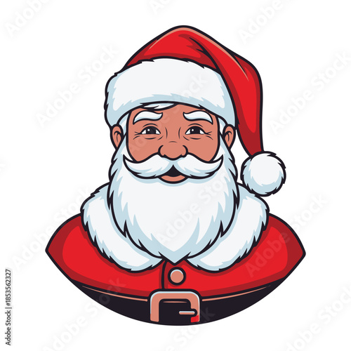 Close‑up portrait of Santa Claus with rosy cheeks, white beard, and red hat framed in a circle. Perfect for logo icons, social media avatars, tags, and classic holiday designs