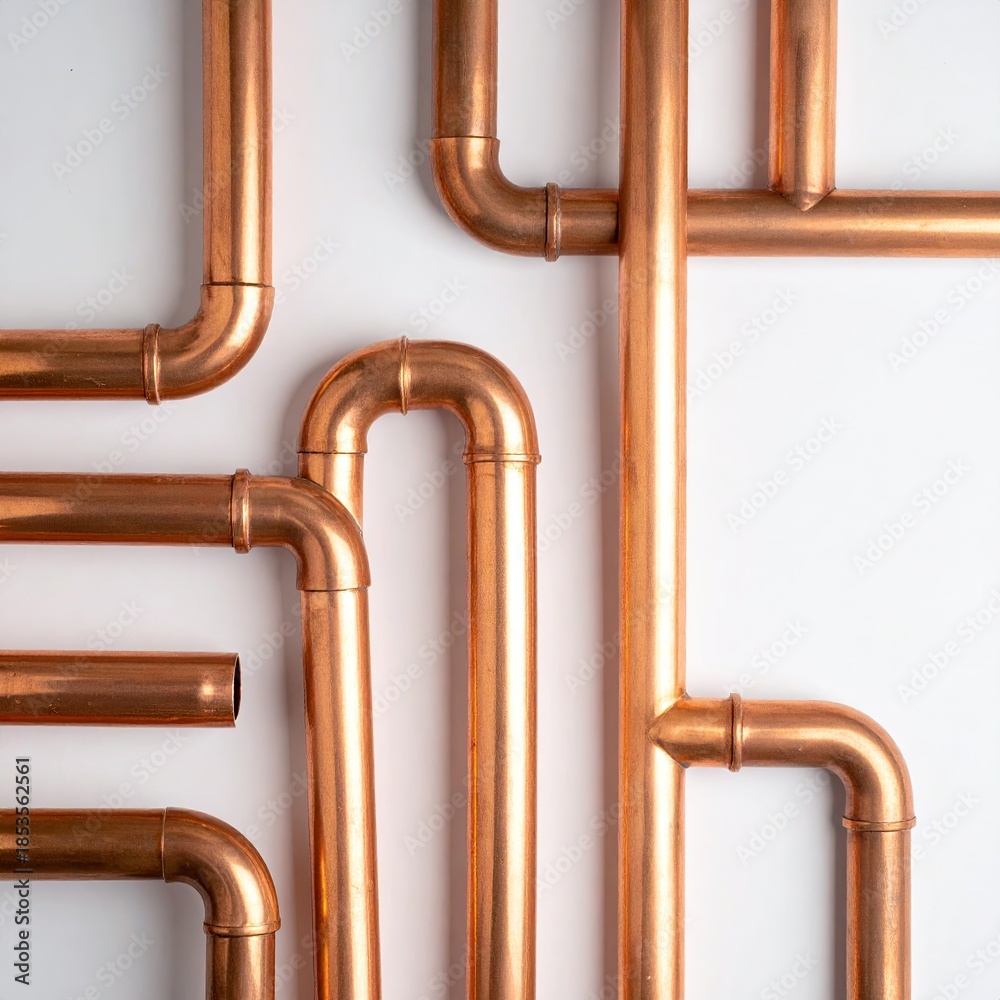 Fototapeta premium Copper pipes arranged in a complex pattern against a white background