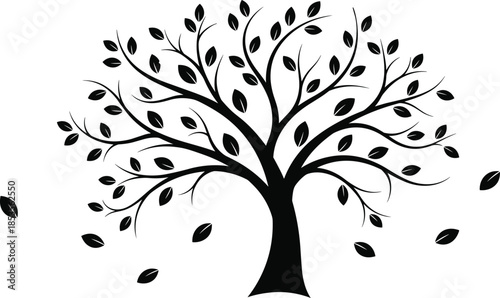 Black Silhouette of a Leafy Tree with Falling Leaves Representing Nature, Growth, Autumn Season, Environmental Conservation, Life Cycle, and Garden Design