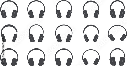 Headphone icon set, audio gear, silhouette style, black and white, vector illustration, music accessory, earphone design, headset collection, minimal concept