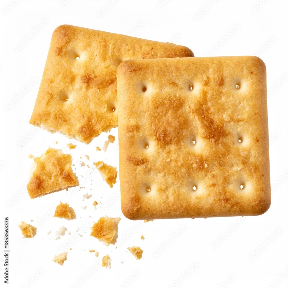 Fototapeta premium Two square crackers, one broken, with crumbs scattered