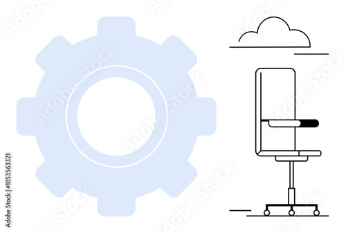 Productivity, workplace efficiency, office furniture, business solutions, teamwork, ergonomics. Modern office chair next to large gear icon with abstract cloud design. Productivity and workplace