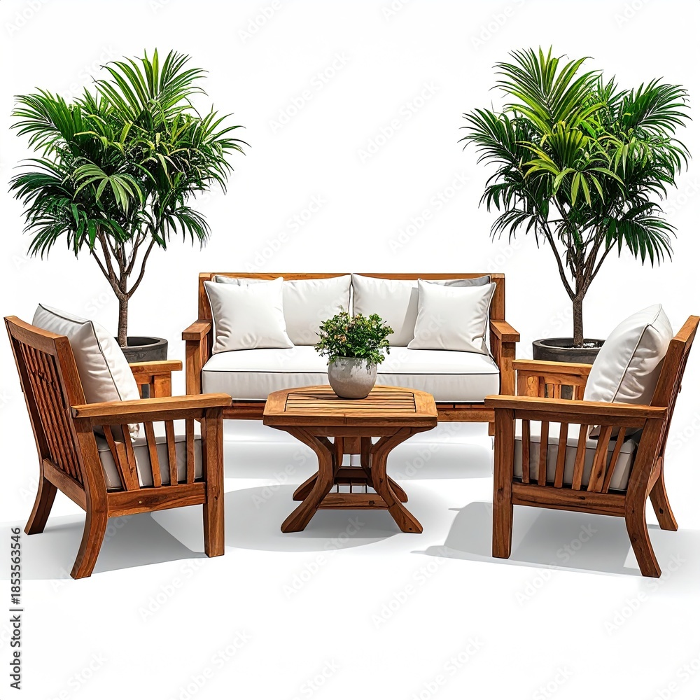 Fototapeta premium Wooden outdoor sectional with cream cushions