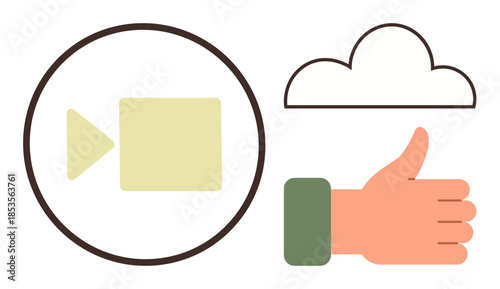 Play button with rectangle in a circle, outlined cloud, and thumbs-up icon. Ideal for media, success, approval, cloud storage, video content communication lightweight design. Simple flat metaphor