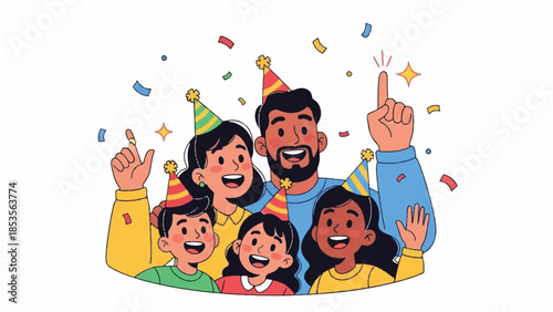 Happy family celebrating. Cartoon illustration of family in party hats. Colorful confetti and stars. Vector design on white background. Family fun and celebration. Birthday party scene.