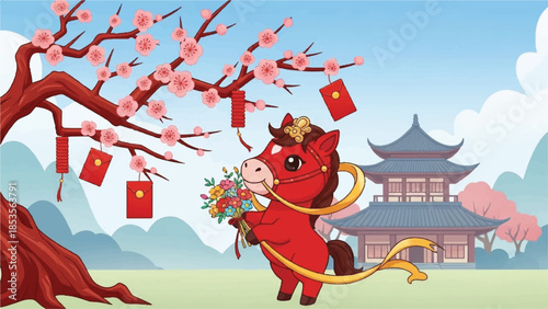 Chinese New Year horse illustration. Red horse with golden rope. Cherry blossom tree. Traditional Asian building background. Vector design for holiday greeting card. Festive scene with red