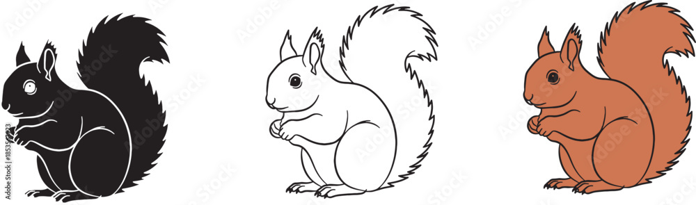 Obraz premium Squirrel Illustration Set in Silhouette Outline and Flat Color Vector Style