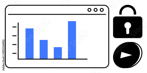Data analysis, cybersecurity, online privacy, media services, technology tools, secure content. Bar chart, lock symbol and play button. Data analysis and cybersecurity concept