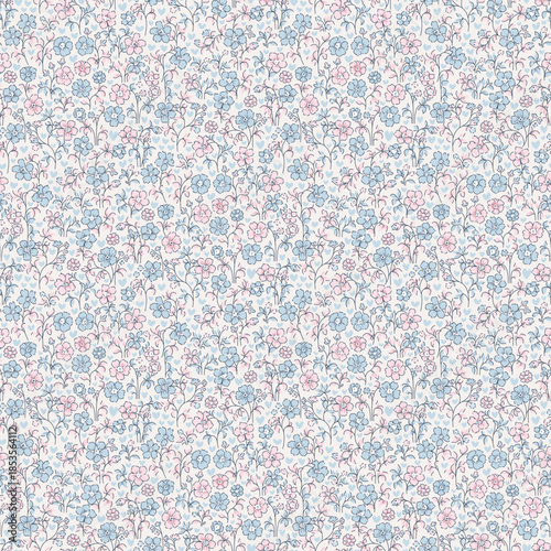Cute flower pattern in small design. Small blue pink flowers on light color background. Ditsy floral seamless pattern. Pretty ditsy print. liberty style, design for fashion, fabric, wallpaper, textile