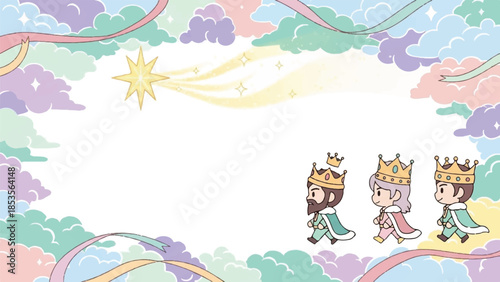 Pastel rainbow border with cartoon kings. Vector illustration of three crowned characters. Colorful clouds and sun. Whimsical design for greeting card or background. Royal fantasy scene.