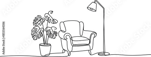 Continuous One-Line Drawing of Living Room Furniture, Classic Armchair, Tall Floor Lamp, and House Plant for Minimalist Interior Decor Vector