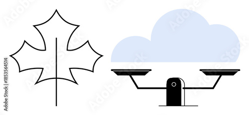 Sustainability, nature conservation, environmental balance, technology harmony, climate action, modern concepts. A scale with a leaf and a cloud. Sustainability and nature conservation