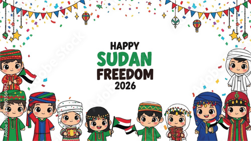 Sudan Independence Day celebration. Cartoon characters in traditional clothing. Colorful banner with flags and lights. Happy Sudan Freedom 2026. Vector illustration on white background.