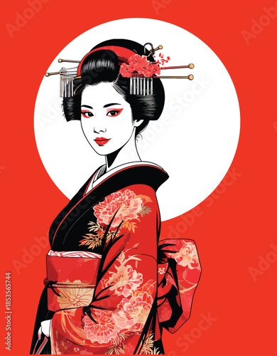 056-40-Japanese geisha woman looking over shoulder, wearing traditional red kimono