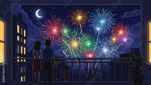 Family watching fireworks on balcony. Couple and child looking at colorful fireworks display. Night sky with crescent moon. Vector illustration of New Year's Eve celebration. Fireworks