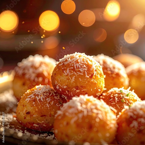 Close-up of small, round, golden-brown treats, heavily sprinkled with shredded coconut.  Blurred, warm, bokeh background