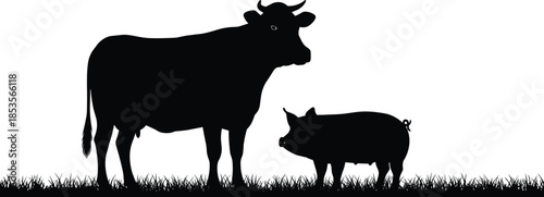 Black Silhouettes of a Cow and Pig Standing on a Grass Field for Agriculture, Livestock Farming, Meat Production, and Rural Living