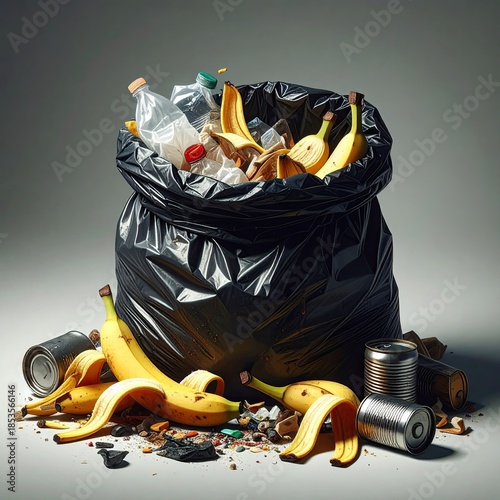 A black plastic garbage bag overflowing with various discarded items, including banana peels, plastic bottles, and metal cans.  A studio shot displays the refuse against a muted gray background