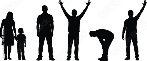 Black Silhouettes of People in Different Poses, Including a Family, Standing Man, Cheering Person, and Man Waving, Representing Community and Diversity