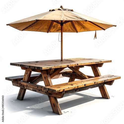 Outdoor wooden picnic table with a beige umbrella