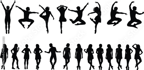 Black Silhouettes of People Jumping for Joy and Standing in Fashionable Poses, Representing Freedom, Celebration, Energy, Success, and Diverse Lifestyles