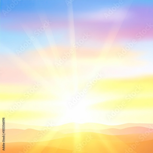Sunrise over a hazy landscape.  Soft, vibrant colors radiate from a brilliant sun