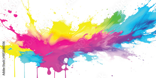 Vibrant Rainbow Paint Explosion: Multi-Color Ink Splatters & Liquid Drips on White. Abstract Art for Creative Branding, Modern Design, and Digital Media.