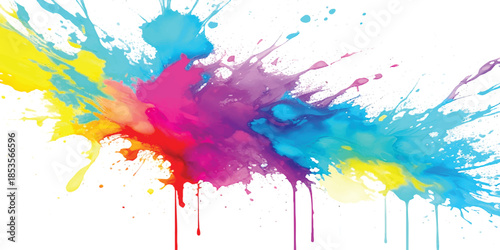 Vibrant Rainbow Paint Explosion: Multi-Color Ink Splatters & Liquid Drips on White. Abstract Art for Creative Branding, Modern Design, and Digital Media.