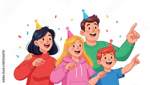 Happy people celebrating party. Vector illustration of family or friends. Smiling adults and kids wearing party hats. Colorful confetti. White background. Fun and festive scene. Cheerful