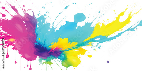Vibrant Rainbow Paint Splash Explosion With Multi-Color Ink Splatters & Liquid Drips on White Background. Abstract Art for Creative Branding, Modern Design & Digital Media.