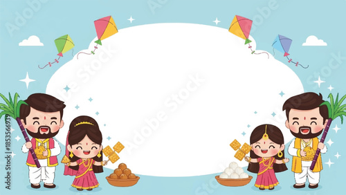 Makar Sankranti festival greeting card template. Indian traditional celebration. Family with children. Kite flying. White circle frame. Vector illustration on blue background.