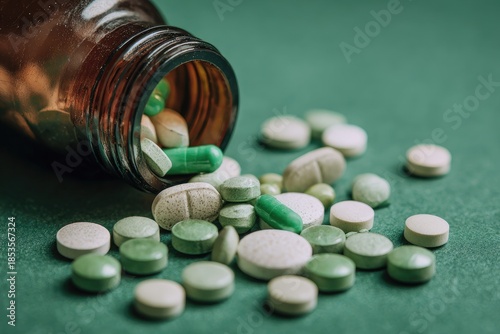 A brown glass bottle tipped over, spilling various green and white pills onto a dark green surface
