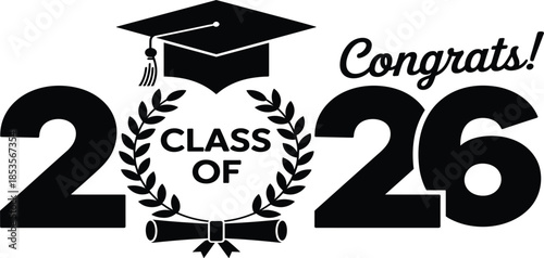 Congrats Class of 2026 graduation design, featuring mortarboard cap, laurel wreath, and diploma scroll illustration