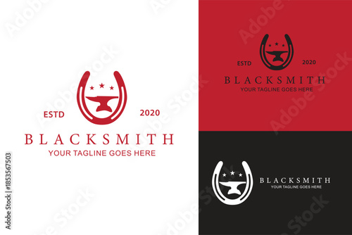 Farrier equestrian logo horseshoe with anvil logo design vector illustration