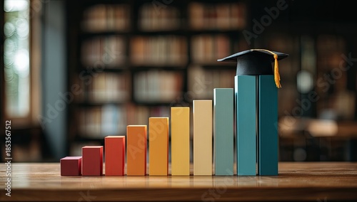 Wallpaper Mural Colorful bar graph with graduation cap on top, on a table with bookshelves background Torontodigital.ca