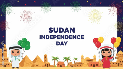Sudan Independence Day. Holiday greeting card. Vector illustration. Cartoon kids with balloons. Traditional Sudanese clothing. Cityscape with pyramids and palm trees. Celebratory background
